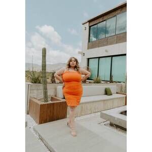 NEW ROSEVELVET too hot to handle ruched midi dress - plus in orange